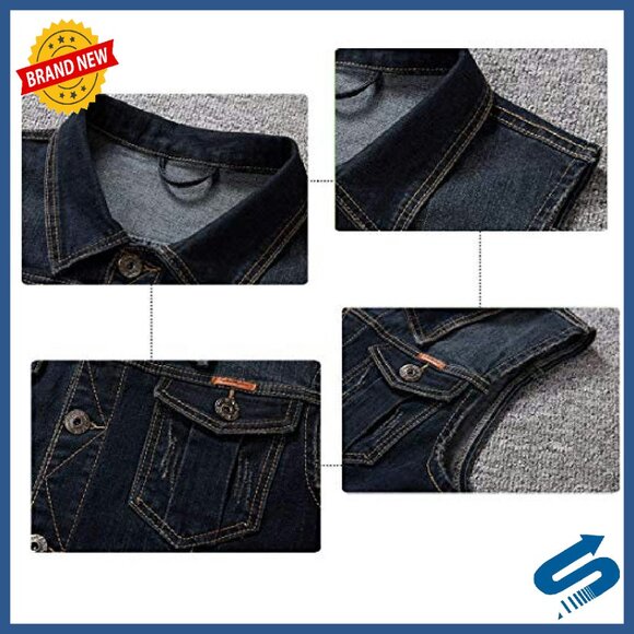 Men's Denim Vest Sleeveless Jacket Vintage Style Button Up Casual - Picture 5 of 6